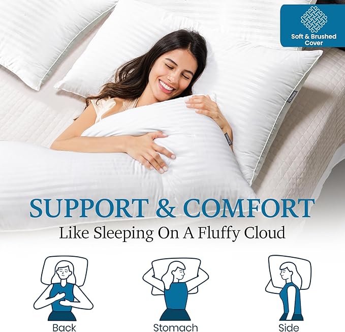 Queen Size Pillows Set of 2 Down Alternative – Soft & Fluffy Queen Pillow with Soft & Brushed Cover, Hotel Quality Pillows for Bed, Perfect Bed Pillows for Side and Back Sleepers, Size 20"x28"