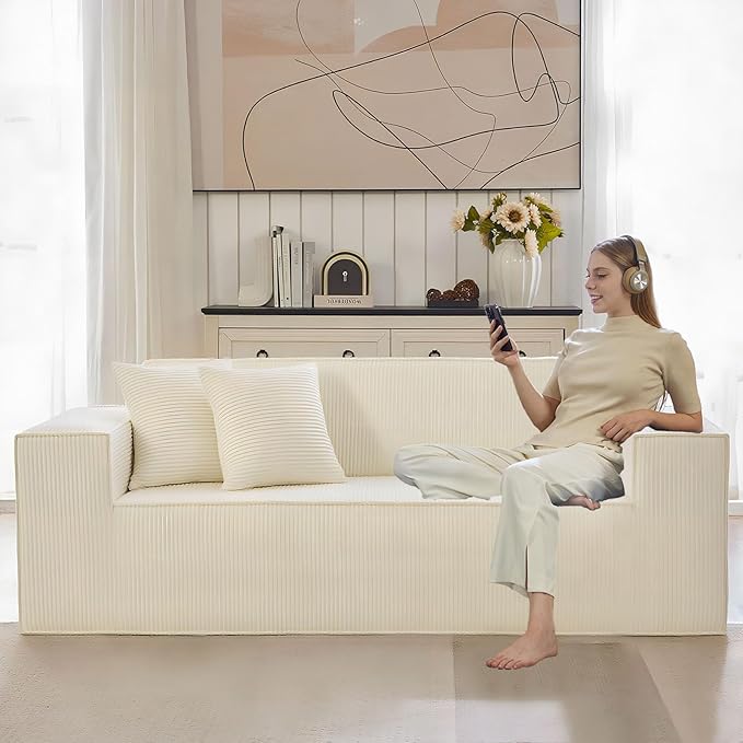 SUYOLS Corduroy Cloud Couch with Pillow, Premium Memory Foam, No Assembly Required, Deep Seat Sofa in Box, Space-Saving Chair for Home, Living Room, Bedroom, Apartment, Office, 3-Seater, Beige