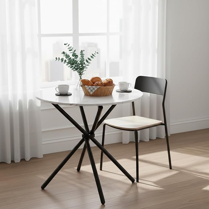 FurnitureR 31.5-Inch Round Dining Table for 2-4 People, Multifunctional Wooden Table for Cafe Restaurant Home Kitchen Dining Room, Unique Intersecting Pedestal Base and Metal Legs, White Marble