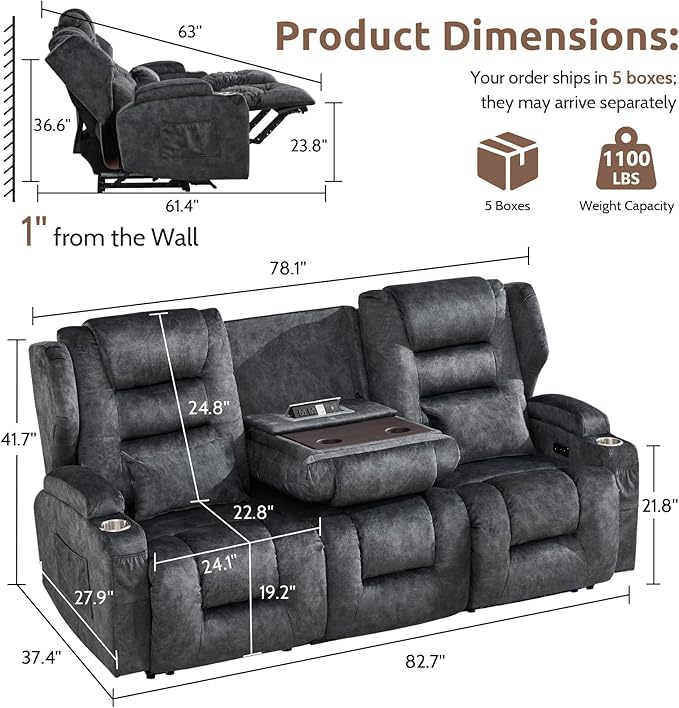 SAMERY Power Loveseat Recliner Sofa, Wall Hugger Reclining Loveseat Sofa, Movie Home Theater Seating with Flip-Backrest, Solid Wood Top, Ambient LED Lights, USB-C, Outlets, Velvet, Gray, 3 Seater | Extra Wide Seat, Plush Padding, Dual Power Recline, Fl...