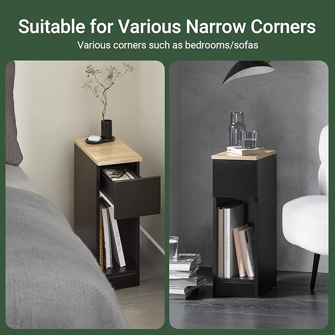 SoBuy Narrow NightStand Set of 2 – Slim Black Bedside Tables with Drawer & Shelf, Compact End Table for Small Bedroom, Couch, Entryway – Skinny Night Stand Set 2 for Storage FBT111-SCHX2
