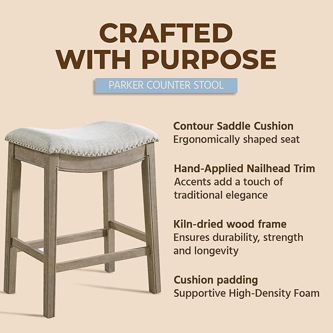 ROME + OAK Set of 2 Parker 26" Counter Stool, Backless Saddle Kitchen Barstool in Reclaimed Oak Finish with Ash Grey Fabric Upholstery Cushion Seat