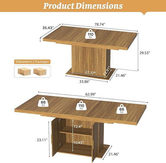 62.99"-78.74" Expandable Dining Table with Storage, Extendable Dining Table for 6-10 People, Extra Hidden Storage for Tableware & Wine, Modern Farmhouse Table for Kitchen Living Room-Brown
