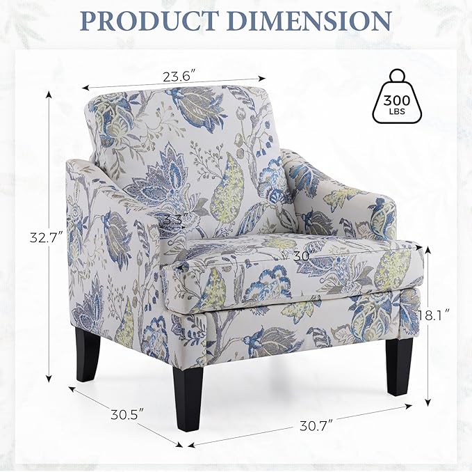 Bezseller Floral Accent Chair, Upholstered Reading Armchair with Wood Legs, Mid-Century Leisure Comfy Single Sofa Chair for Living Room, Bedroom, Home, Office, Blue Floral