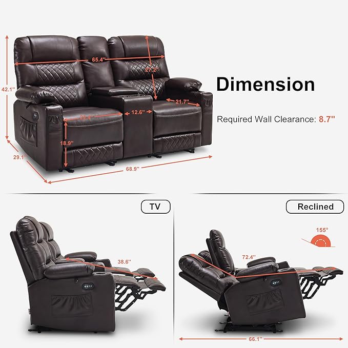 MCombo Zero Gravity Power Loveseat Recliner with Console, Heat and Vibration Massage, Reclining Loveseat Sofa with USB Ports, Cup Holders for Living Room, Faux Leather PR622Sets (Dark Brown)