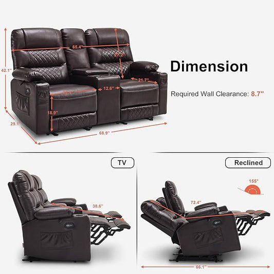 MCombo Zero Gravity Power Loveseat Recliner with Console, Heat and Vibration Massage, Reclining Loveseat Sofa with USB Ports, Cup Holders for Living Room, Faux Leather PR622Sets (Dark Brown)