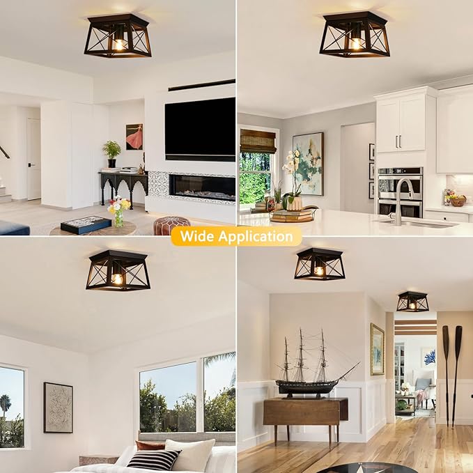 Farmhouse Ceiling Light Fixtures Black Flush Mount Ceiling Light 1-Light Industrial Metal-Framed Ceiling Lights, Rustic Flush Mount Ceiling Light for Hallway Kitchen Foyer Laundry Bedroom