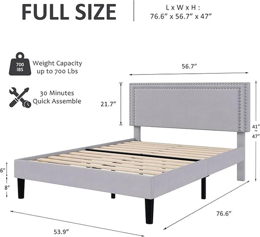 VECELO Full Size Bed Frame with Adjustable Upholstered Headboard, Wooden Slats Platform, Noise-Free Design, No Box Spring Needed, Easy Assembly