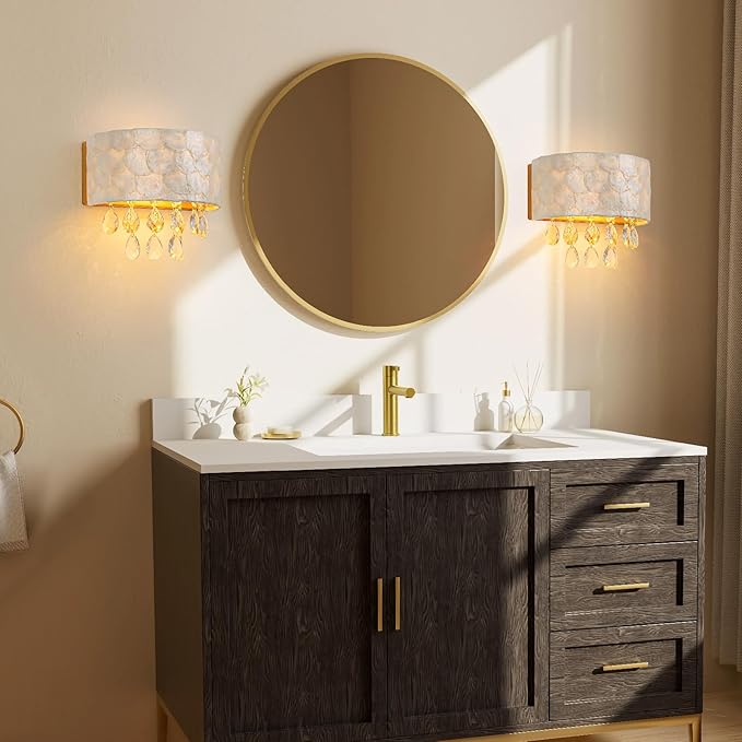 2-Light Capiz Shell Crystal Wall Sconces, Coastal Design Indoor Wall Lamp, Vanity Wall Mount Light Fixture for Bathroom, Hallway, Bedroom, Shell Lampshade, Crystal Pendants & Gold Finish