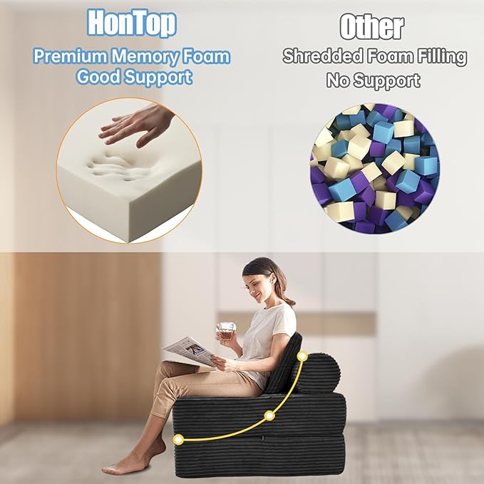 HonTop Folding Sofa Bed, Convertible Couch Chair with Pillow, Boneless Velvet Foldable Sleeper Sofa with Back Support, Portable Fold Out Lounger for Living Room, Apartment & Dorm, Dark Grey Corduroy | Lumbar Pillow