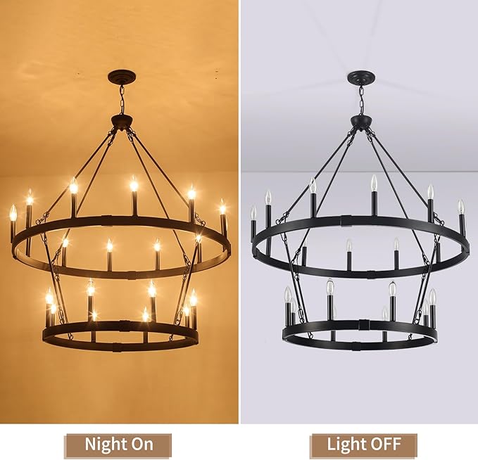 20-Light 2 Tier Black Wagon Wheel Chandelier, 38.19" Large Chandeliers for High Ceilings, Farmhouse Chandeliers for Dinning Room Living Room Kitchen Island Foyer