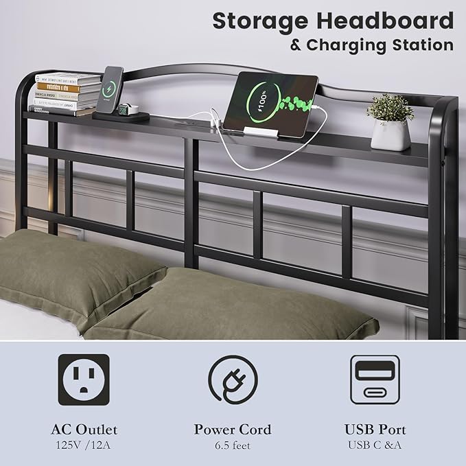 Full Size Bed Frame - Storage Headboard with Charging Station, 14 Inch Sturdy Metal Platform Bed Frame No Box Spring Needed, Easy Assembly, No Noise, Black