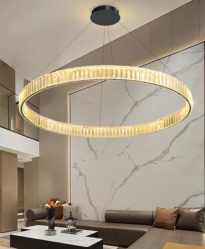 40'' Modern Ring Chandelier Crystal Chandeliers for Dining Room Round LED Dimmable Ceiling Light Fixture for Living Room Bedroom Lighting Black