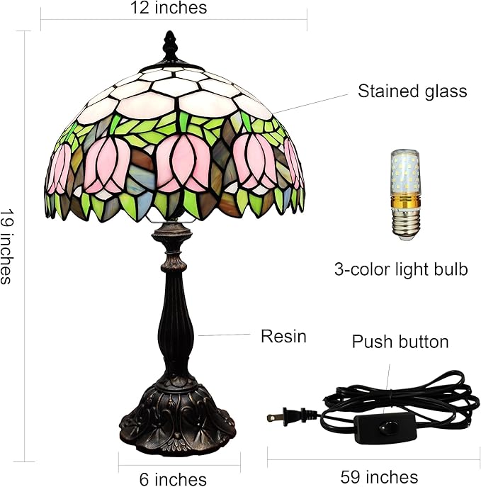 Tiffany Table Lamp 3-Color Light Stained Glass Lamp Tiffany Style Vintage Beside Reading Lamp 12 inch Living Room Light Flowers Style Antique Nightstand Light (Pink Tulip)