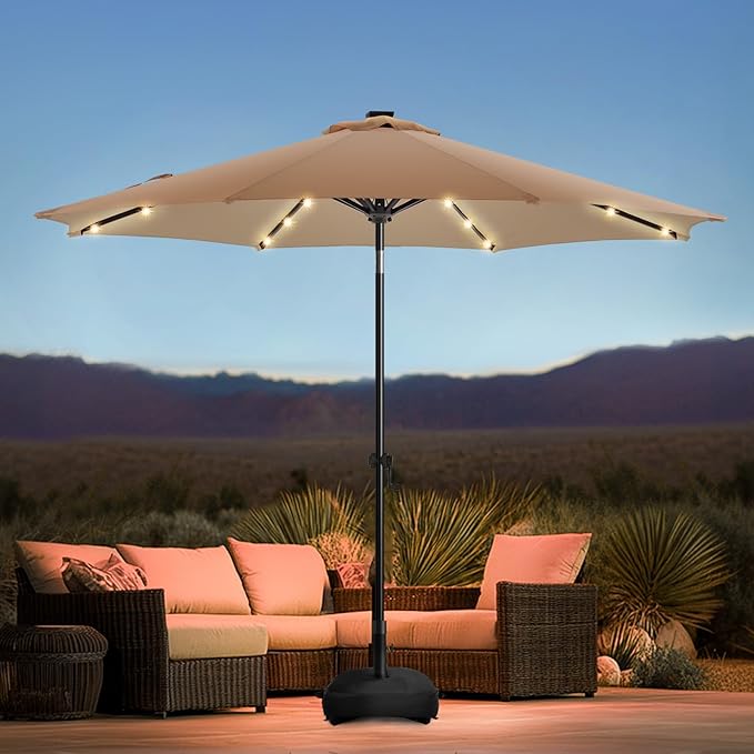 wikiwiki 9FT Solar Led Patio Umbrella with Base Included, 32 LED Lights, 8 Sturdy Ribs, Fade Resistant Waterproof POLYESTER DTY Canopy for Garden, Lawn, Deck, Backyard & Pool, Tan