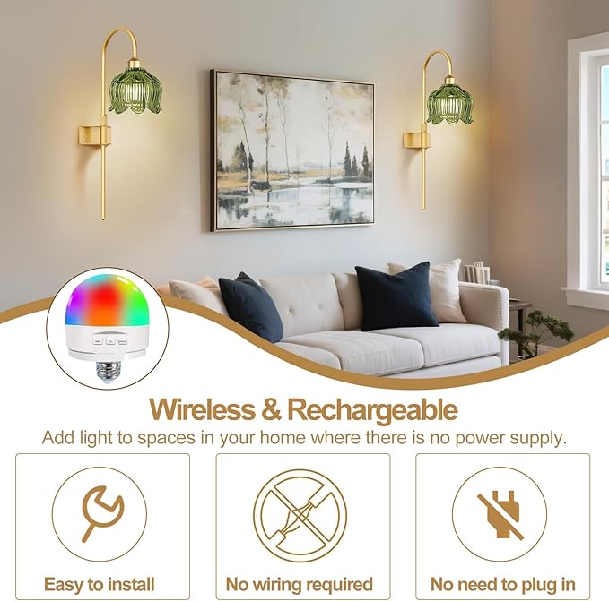 Glass Battery Operated Wall Sconces Set of Two,Wireless Flower Battery Wall Light with 5000mAh RGB Dimmable Bulb and Remote, Rechargeable Wall Lamp Sconce for Bedroom Living Room Hallway