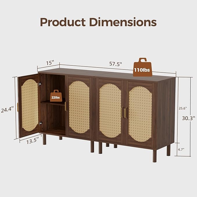 Buffet Cabinet with Storage, Imitation Rattan Arched Sideboard with Adjustable Shelves, Coffee Bar Cabinet for Kitchen, Living Room, Hallway, Entryway, Walnut, 2 PCS