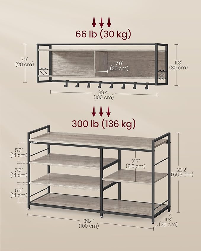VASAGLE Hall Tree with Shoe Bench, Coat Rack Shoe Bench Set, Entryway Furniture, Multifunctional, 12 Metal Hooks, 4-Tier Shoe Rack, for Entryway, Bedroom, Heather Greige ULSB108K02