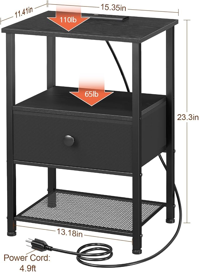 Night Stand Set 2, LED Nightstand with Charging Station, End Tables Living Room with Fabric Drawer, Small Bed Side Tables for Bedroom, Small Space, Black, HETS01BK