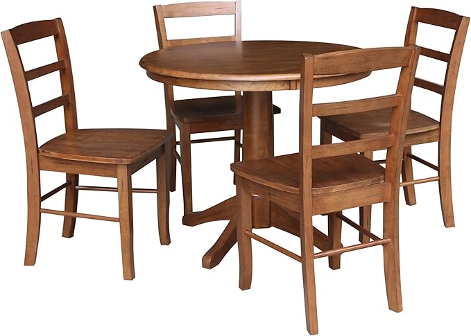 IC INTERNATIONAL CONCEPTS 36 in. Wood Dining Table with 4 Madrid Ladderback Chairs in Distressed Oak