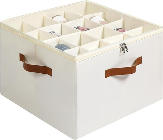 Fabric Shoe Organizer for Closet, Foldable Shoe Storage Bins with Clear Cover, Shoe Container with Adjustable Dividers, Fits up to 16 Pairs, White