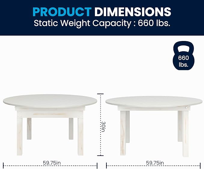 Flash Furniture Hercules Commercial Round Farmhouse Folding Table, Antique Rustic Solid Pine Dining Room Table, Foldable Locking Legs, 60" Diameter, White