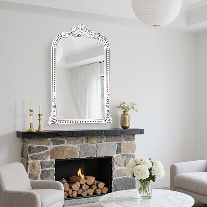 34x42 Inch Baroque Beaded Arched Wooden Wall Mirror, Ornate Rustic Farmhouse Decorative Mirror for Entryway, Fireplace Mantel, Living Room, Bathroom