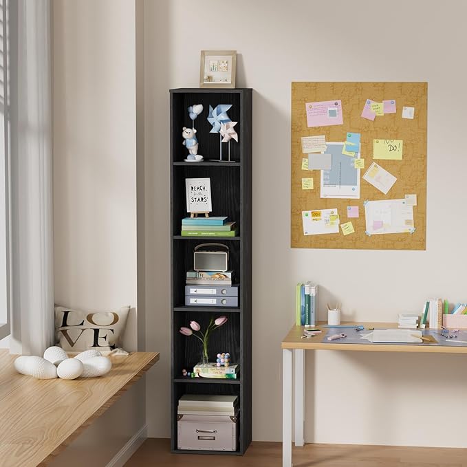5 Tier Bookshelf, Open Tall Narrow Floor Standing Bookcase, Wooden Book Shelf Display Organizer for Home Office, Study (Black, 5 Cube)