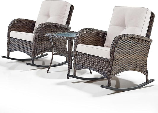 Belord Wicker Porch Rocking Chairs - 3 Pieces Patio Bistro Set High Back Outdoor Rocker Chairs Set with Side Table for Deck Balcony Brown/Beige