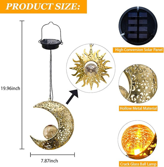 Solar Hanging Sun and Moon Lights Garden Outside Decor,2 Pack Metal Lanterns Outdoor Sunflower Art Decorations for Porch Backyard Patio Wall Tree,Unique Gardening Gifts for Women Mom Grandma