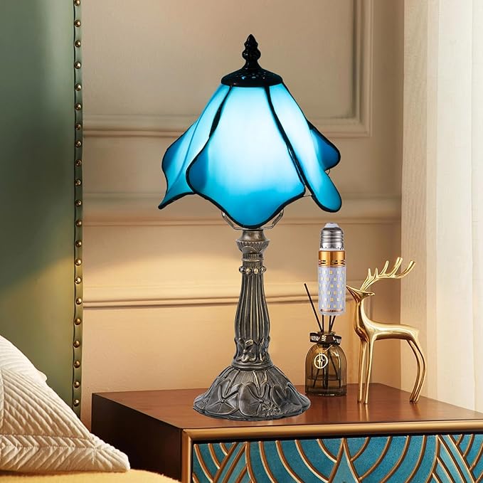 Tiffany Table Lamp,3 Color-Temperature Flowers Stained Glass Lamp,8 Inch Tiffany Style Lamp for Bedroom Living Room Home, Handcrafted Light, Included Bulb (Blue)