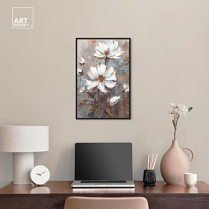 Art Remedy White Textured Flowers Canvas Elegant Floral Wall Art, Black Frame, 16" x 24"