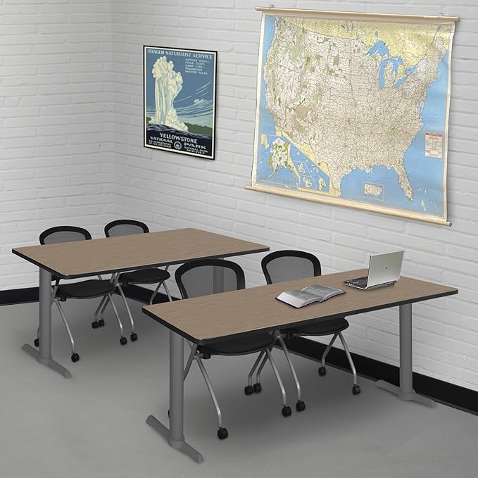 Regency Cain 66 x 24 in. Training Seminar Table – Durable T-Base Training Desk with Laminate Top, Scratch & Stain Resistant Surface, Rounded Corners (Noble Oak, Grey Base)