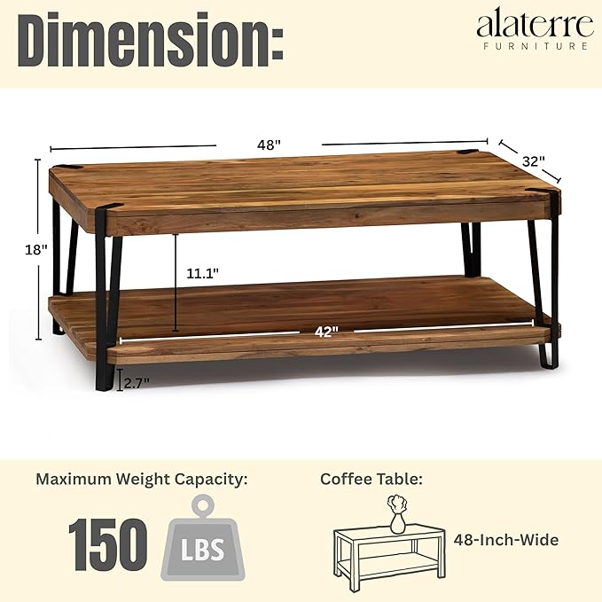 Ryegate Large Coffee Table, 48 Inch Natural Solid Acacia Wood with Unique Live Edge and Metal Frame, Industrial Modern Style, Durable Construction with Clear Natural Finish, Ideal for Living Room