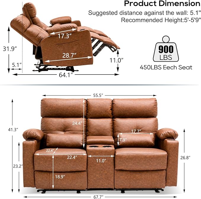 68'' RV Power Reclining Loveseat with Heat and Massage| RV Loveseat Recliner Sofa with Console| Double Reclining Couch with Cup Holder | Loveseat ReclinerTheater Seating(PU, Brown)