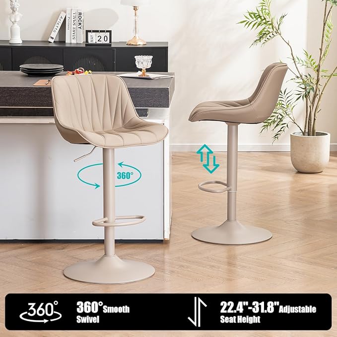 Kidol & Shellder Bar Stools Set of 2 Khaki Adjustable Swivel Counter Height Barstools Upholstered Modern PU Leather Bar Chairs Stools for Kitchen Island