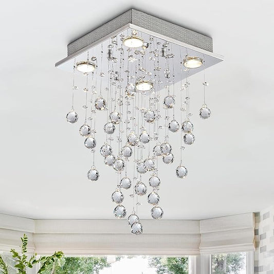 Bestier Chrome Modern Crystal Square Raindrop Chandelier Lighting Flush Mount LED Ceiling Light Fixture Pendant Lamp for Dining Room Bathroom Bedroom Livingroom 4 GU10 Bulbs Required 12" Wide 20" High