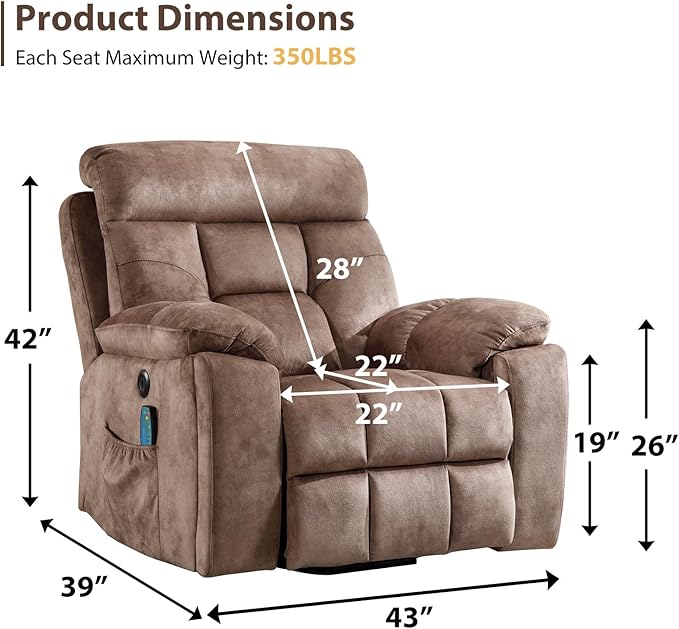 EBELLO Power Lift Recliner Chair with Massage and Heat, Soft Fabric Massage Recliner for Adults with Hidden Cup Holders, Side Pocket, Overstuffed Single Sofa for Living Room, Brown