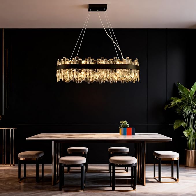 Black Crystal Chandeliers for Dining Room, 20 Lights Modern Oval Chandelier for Lining Room, Rectangular Crystal Pendant Light Fixture for Kitchen Island Bar L36 Inch