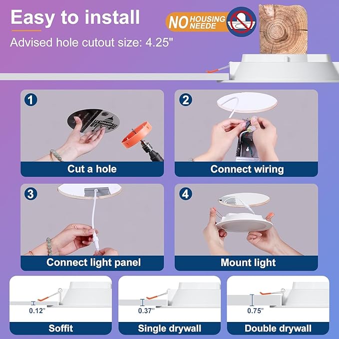 Smart Recessed Lighting 4 Inch Canless LED Recessed Ceiling Light with Junction Box work with Alexa, 2700K~6000K 5CCT Selectable,12W 1000LM High Brightness Wafer Downlight Dimming by Bluetooth-6Pack