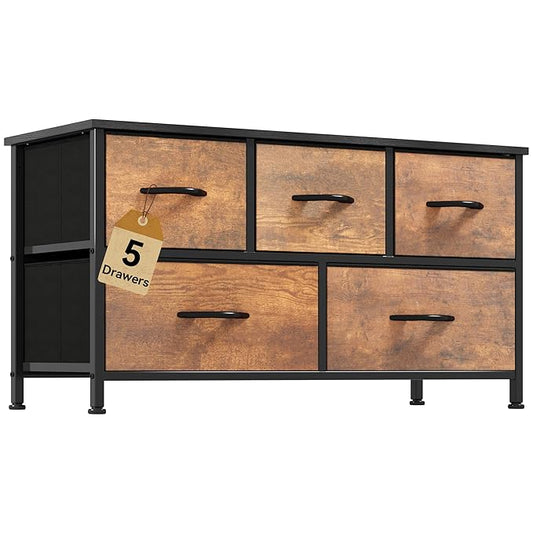 DWVO Dresser for Room with 5 Drawers - Fabric Storage Tower, Long Fabric Dresser, Organizer Unit for Closet, Hallway