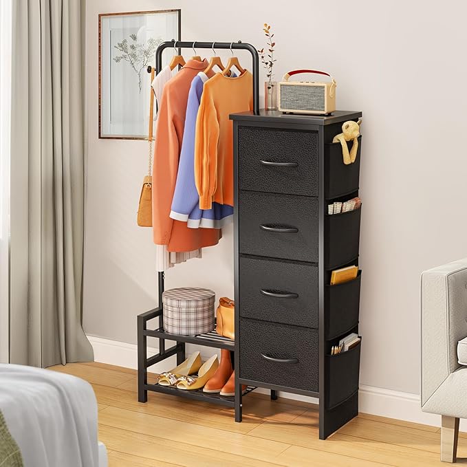 Dresser with Hanging Rack - 4 Drawers & 4 Side Bags, Fabric Chest of Drawers with with Bottom Shelves, 52" Tall Clothes Rack for Women/Kids Bedroom & Living Room - Black