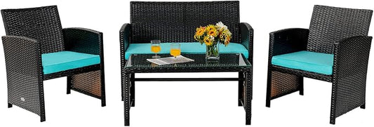 Tangkula 4 Pieces Rattan Furniture Set, Outdoor Conversation Set w/Chair & Loveseat & Tempered Glass Coffee Table, Suitable for Garden, Backyard, Poolside, Patio Furniture Set for 4 (1, Turquoise)