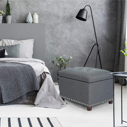 Adeco Classy Linen Blend Fabric Accents Rectangular Storage Bench Ottoman Footstool, Footrest Side Table for Living Room Bedroom, Gray
