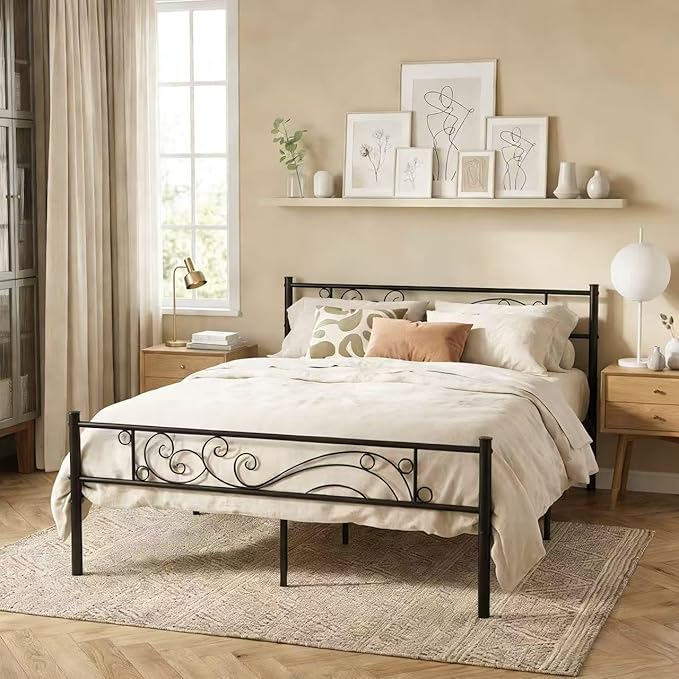 Weehom Full Size Platform Bed with Unique Flower Design Mattress Foundation Strong Metal Slats Support,Easy Assembly Black