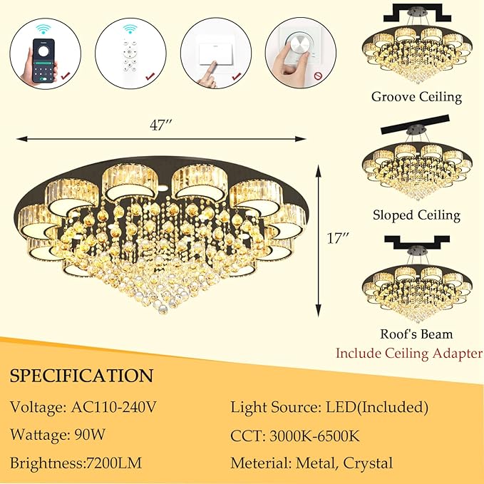 47'' Black Modern Crystal Chandeliers for Dining Room LED Dimmable Light Fixtures Flush Mount Light Living Room Bedrooms