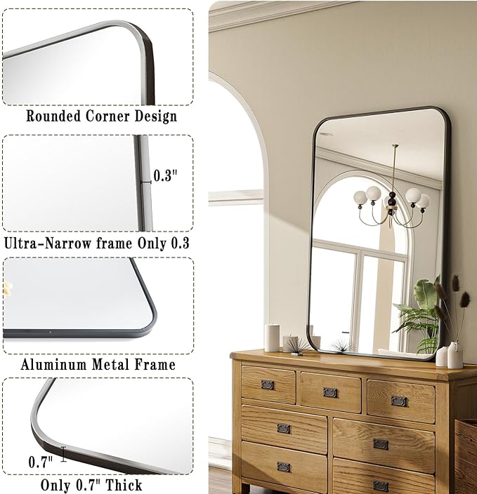 20x28 Inch Bathroom Mirror - Wall Mounted Vanity Mirror with Round Corner Aluminum Alloy Frame, Hanging Horizontally Vertically for Living Room, Bedroom, Hallway as Home Decor,Black