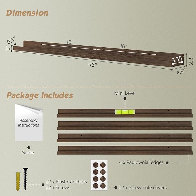 Forbena Wood Picture Ledge Shelf for Wall 4-Pack, 48 Inch Long Rustic Floating Shelves with Lip for Classroom Library, Farmhouse Wooden Wall Ledge for Photo Frames Books (Dark Brown)