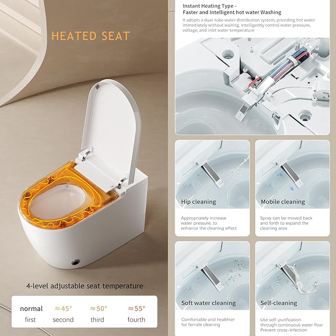 Intelligent Smart Toilet with Auto Open/Close Lid, Automatic Tankless Toilet with Bidet Built In, One Piece Toilet with Foot Sensor Operation for Modern Bathrooms