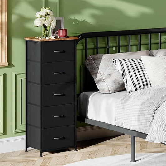 Somdot Tall Dresser for Bedroom, Chest of Drawers Storage Organizer, Non-Woven Fabric Drawers, Closet Bedside Living Room Entryway Hallway, 11.8"D x 16.5"W x 45.1"H (5 Drawers) Black Rustic Brown, 1